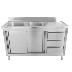 2-Basin Sink Unit with Backsplash and 3 Drawers - 1400 x 600 mm - Left Basin - Dynasteel