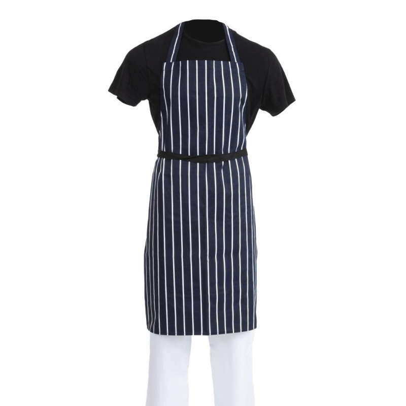 Tablier Bavette Sans Poche Rayé Marine Et Blanc 965 X 710 Mm - Whites Chefs Clothing - Fourniresto Tablier Bavette Sans Poche Rayé Marine Et Blanc 965 X 710 Mm - Whites Chefs Clothing - Fourniresto