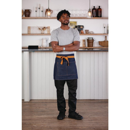 Serveerija teksariietest sinine esiliist koos ooker vööga puuvillast 700 x 430 mm - Whites Chefs Clothing - Fourniresto