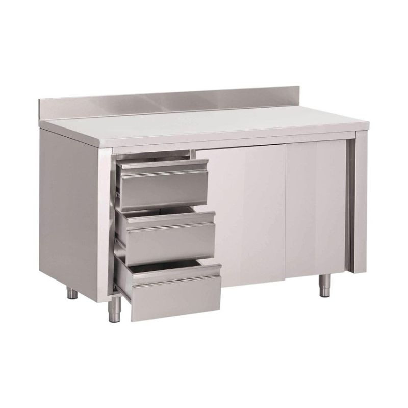 Stainless Steel Cabinet Table With Backsplash 3 Drawers On The Left And Sliding Doors - W 2000 x D 700mm - Gastro M Stainless Steel Cabinet Table With Backsplash 3 Drawers On The Left And Sliding Doors - W 2000 x D 700mm - Gastro M