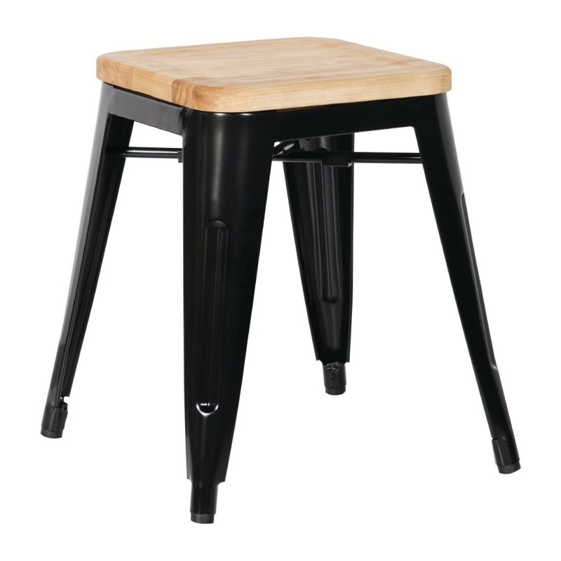 Mustast terasest madalad bistroo taburetid puidust istmega - Komplekt 4 - Bolero Mustast terasest madalad bistroo taburetid puidust istmega - Komplekt 4 - Bolero