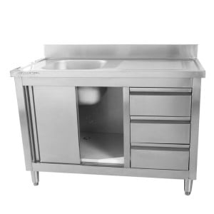 Plongeerimiskapp 1 kraanikausiga, tagaseina ja 3 sahtliga - 1200 x 600 mm - Kraanikauss vasakul - Dynasteel