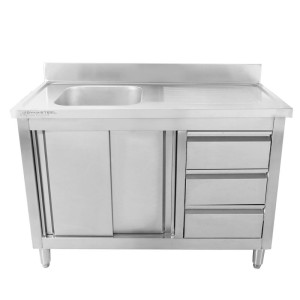 Plongeerimiskapp 1 kraanikausiga, tagaseina ja 3 sahtliga - 1200 x 600 mm - Kraanikauss vasakul - Dynasteel