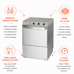 Professionaalne klaasipesumasin loputusvedeliku ja pesuaine dosaatoriga - 35 x 35 cm