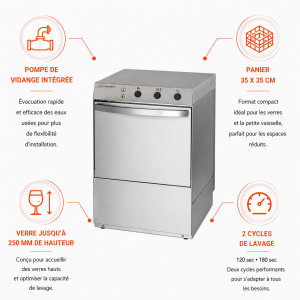 Professional Glass Washer with Rinse Aid Dispenser and Detergent and Drain Pump - 35 x 35 cm