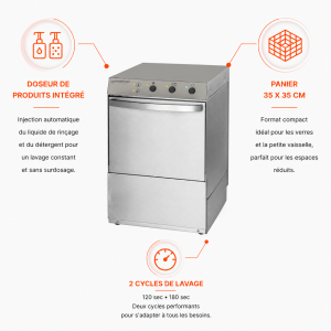 Lave-Vaisselle Professionnel avec Doseur de Liquide de Rinçage et Détergent - 40 x 40 cm - Dynasteel