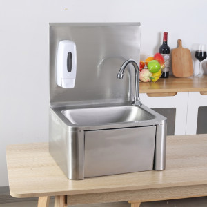 Stainless Steel Hand Wash with Knee Operated Control, Backsplash, and Soap