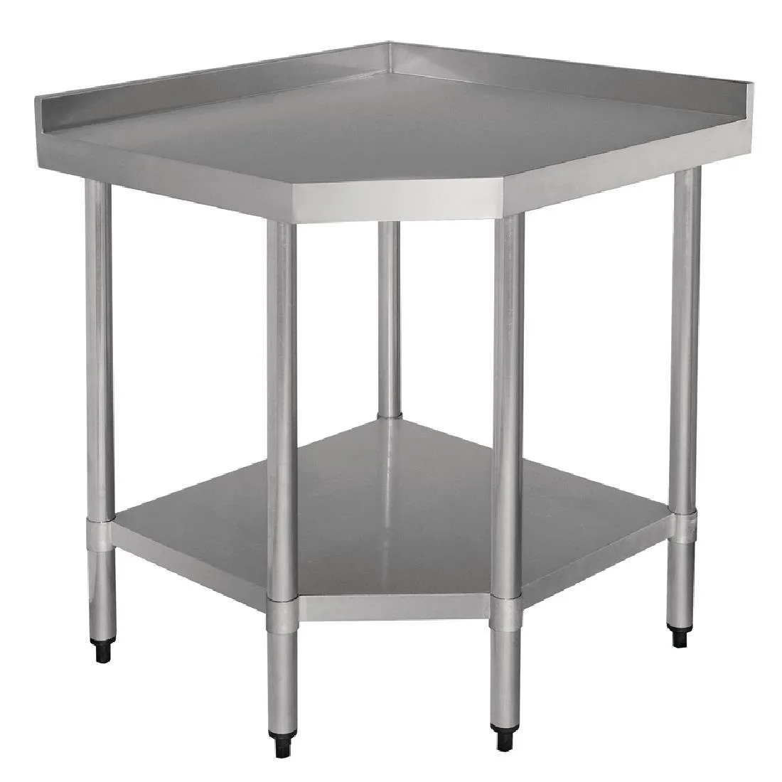 Nurga töölaud roostevast terasest koos tagaseinaga ja madala riiul – L 900 x 700 mm