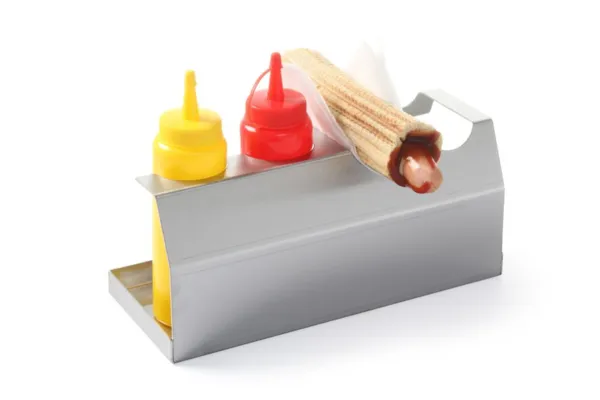 Toetus hot-dog'ile - 2 saia ja 2 kastmepudelit.